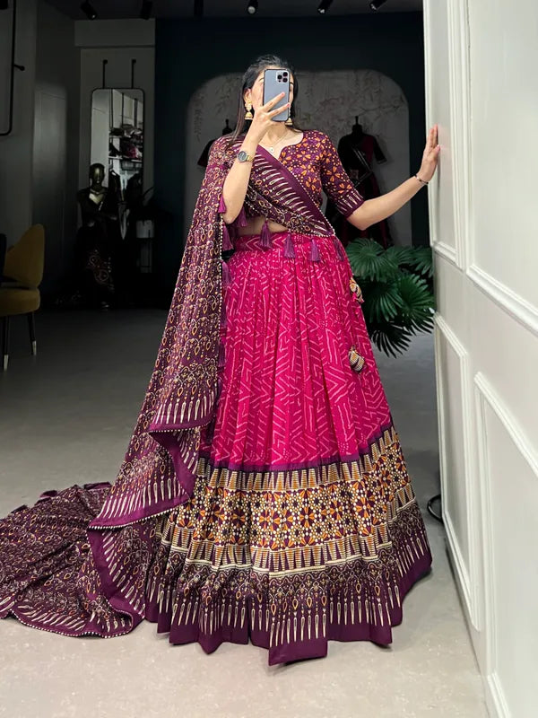 Pink Color Tussar Silk Foil Print Lehenga Choli