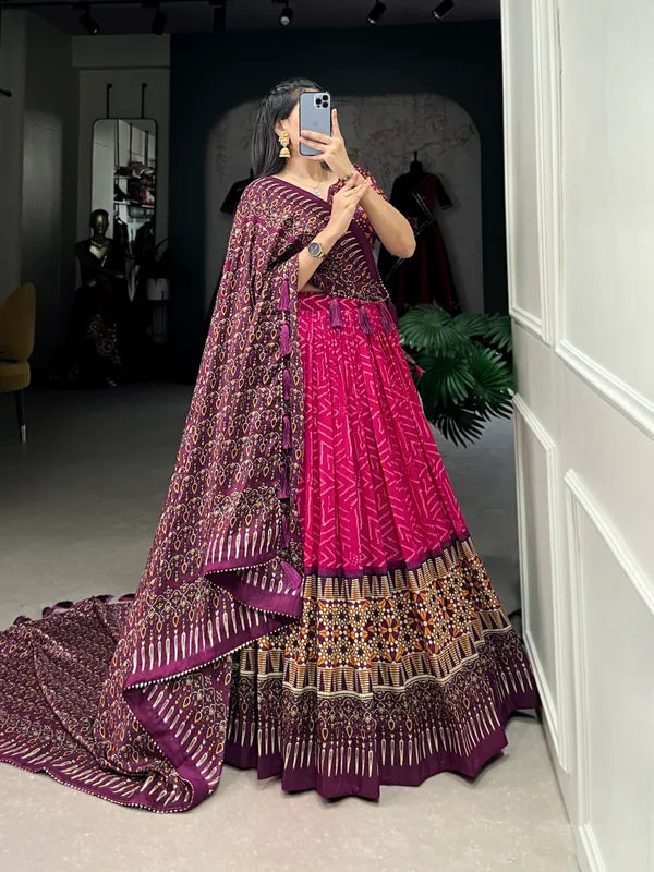 Pink Color Tussar Silk Foil Print Lehenga Choli