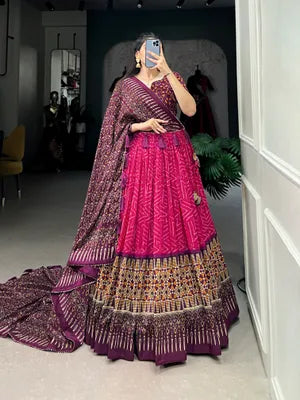 Pink Color Tussar Silk Foil Print Lehenga Choli