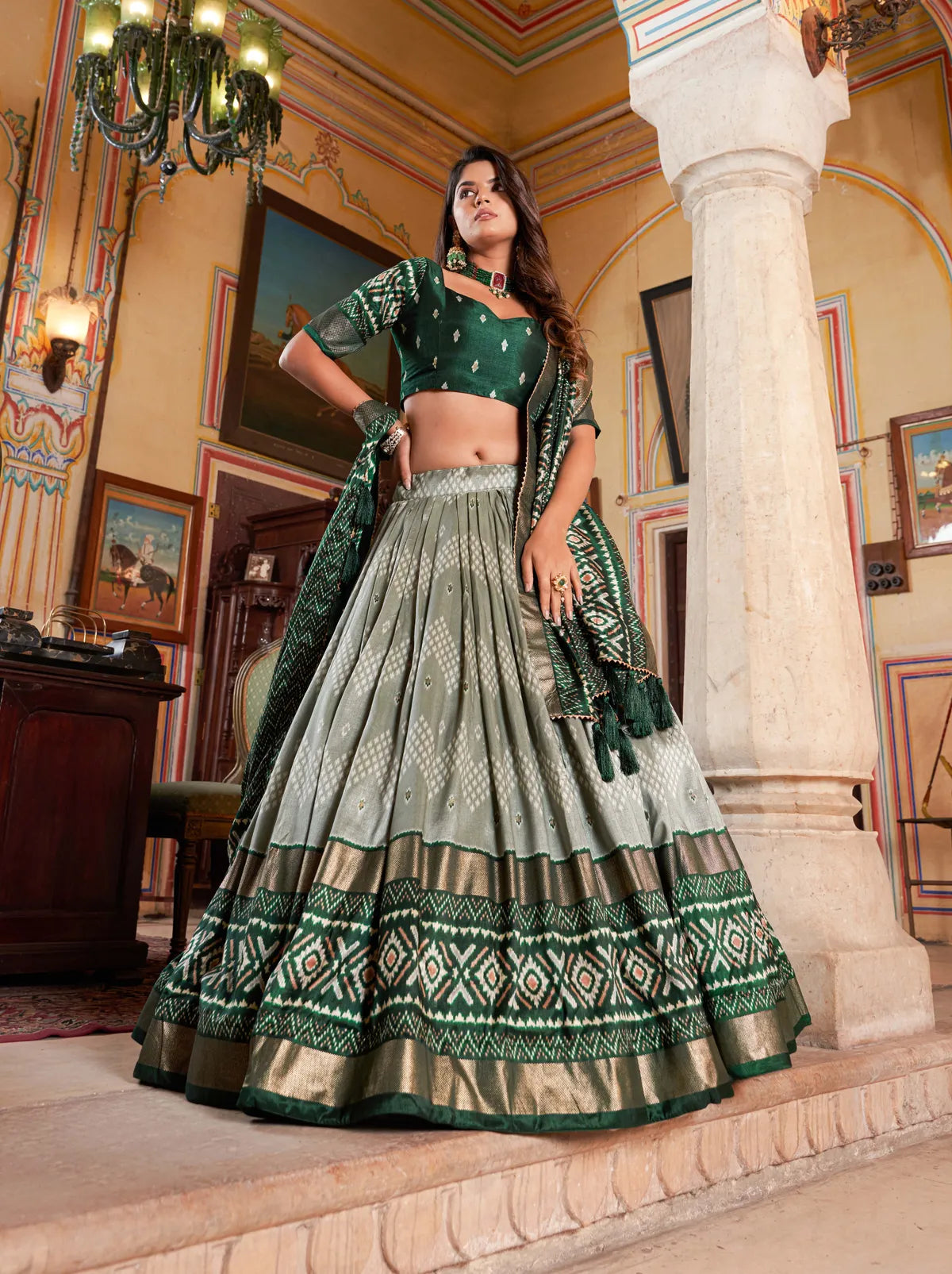 Green Color Silk Lehenga Choli With Patola Print Dupatta