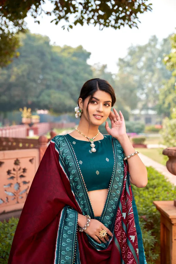 Rama Tussar Silk Rama Fabulously Patola Printed Stitched Lehenga & Blouse With Dupatta