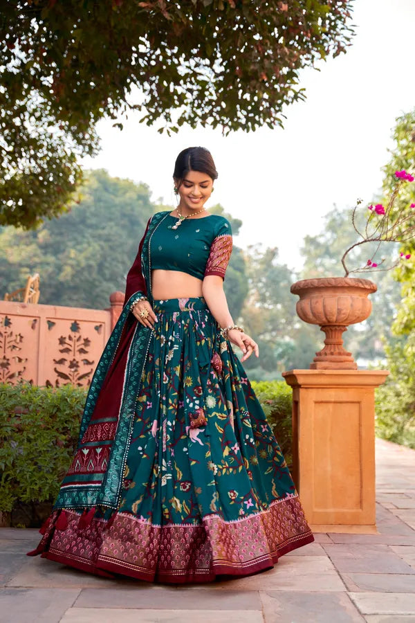 Rama Tussar Silk Rama Fabulously Patola Printed Stitched Lehenga & Blouse With Dupatta