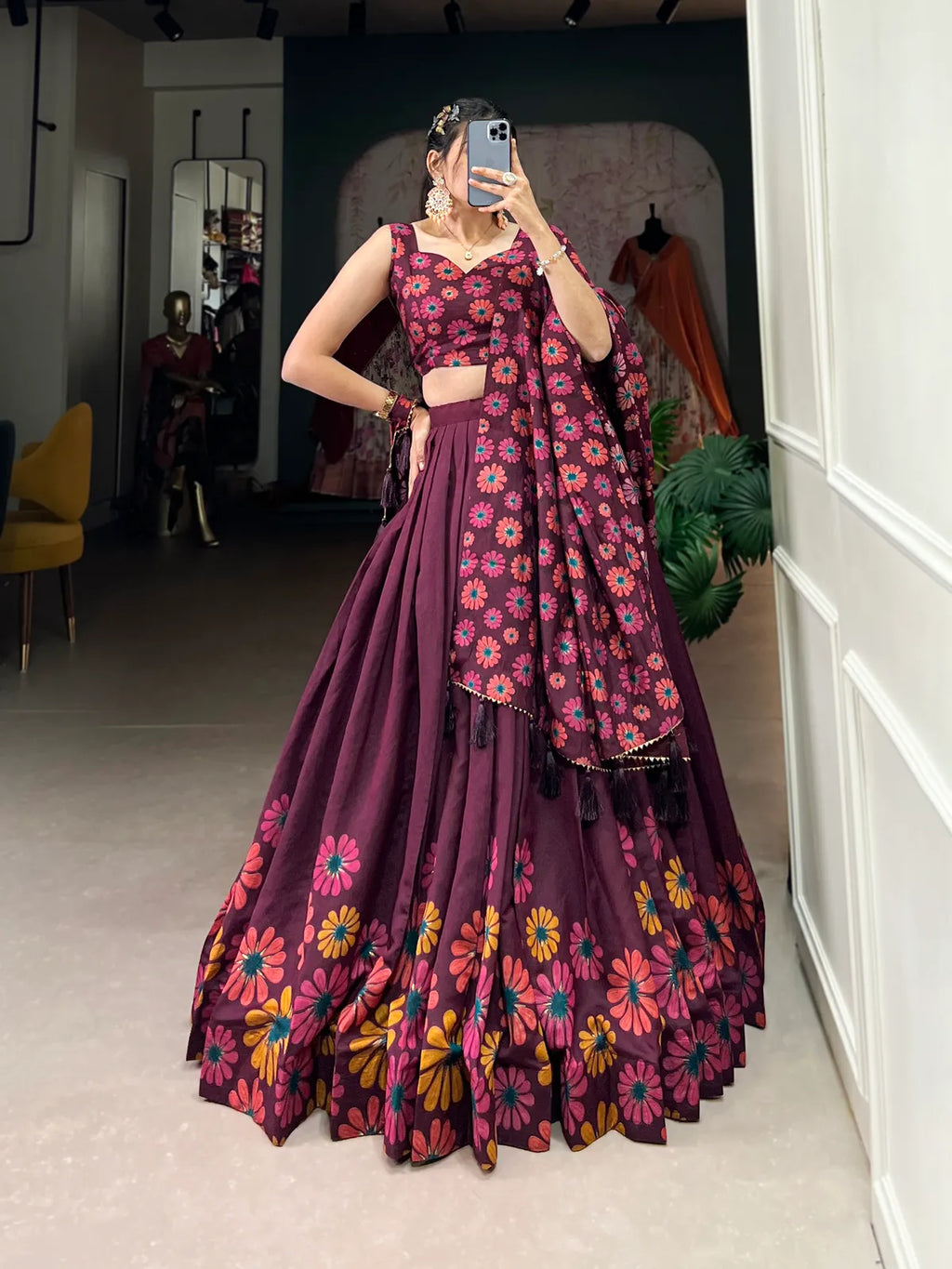 Wine Floral Lehenga Choli With Foil Print & Gotta Patti Dupatta