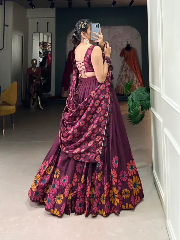 Wine Floral Lehenga Choli With Foil Print & Gotta Patti Dupatta