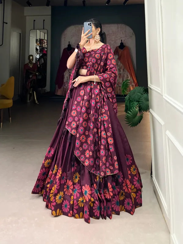 Wine Floral Lehenga Choli With Foil Print & Gotta Patti Dupatta