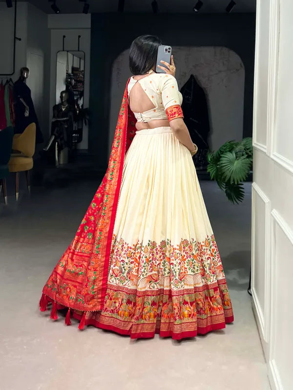 White Tussar Silk Patola Print Trendy Lehenga Choli In White