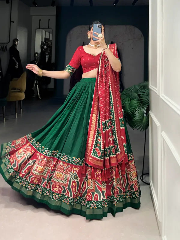 Green Tussar Silk Patola Print Trendy Lehenga Choli