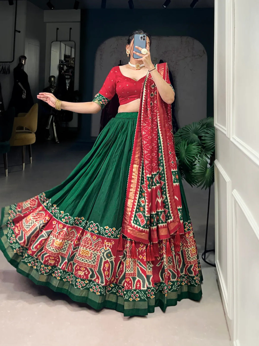 Green Tussar Silk Patola Print Trendy Lehenga Choli