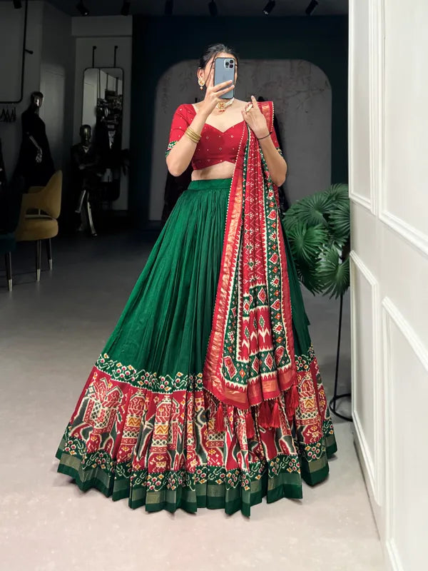 Green Tussar Silk Patola Print Trendy Lehenga Choli