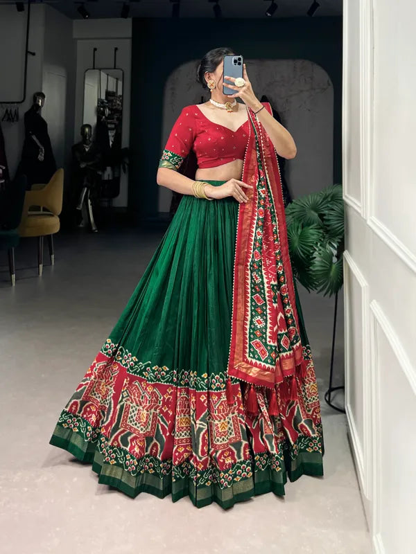 Green Tussar Silk Patola Print Trendy Lehenga Choli