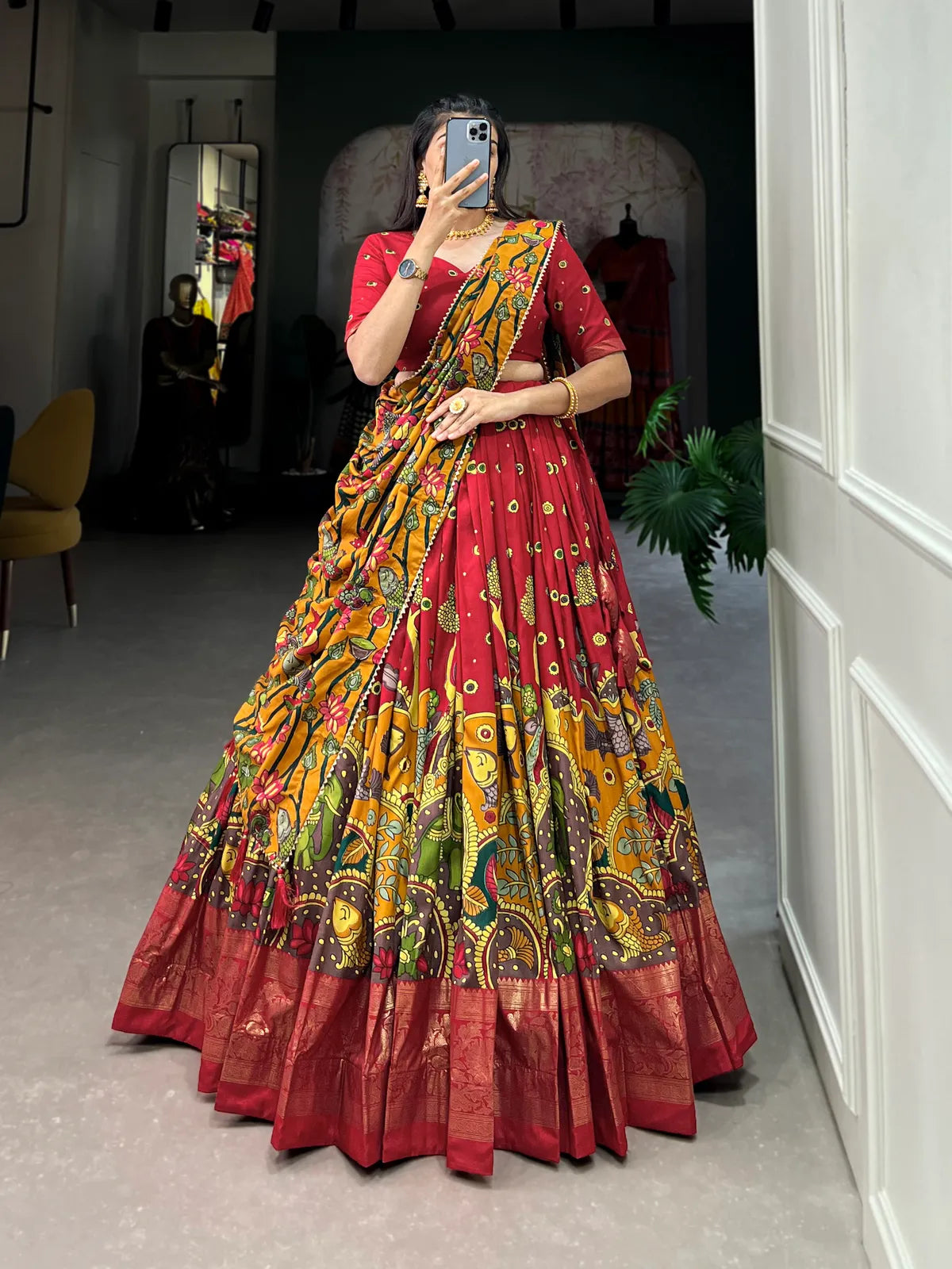 Red Color Tussar Silk Foil Print Lehenga Choli