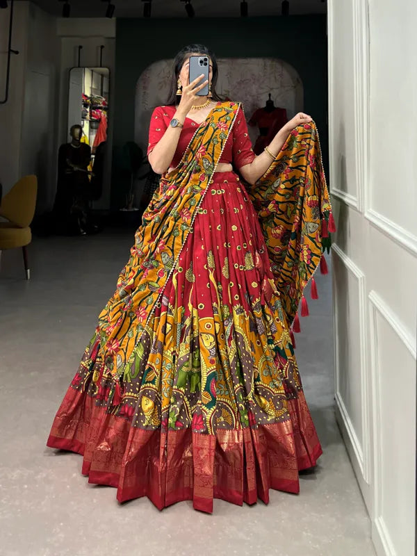 Red Color Tussar Silk Foil Print Lehenga Choli
