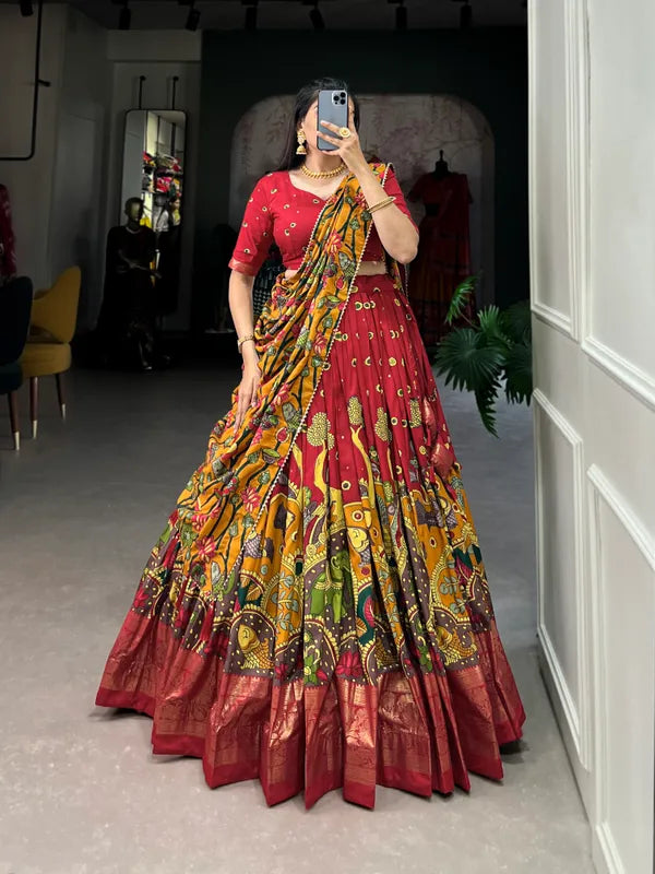Red Color Tussar Silk Foil Print Lehenga Choli