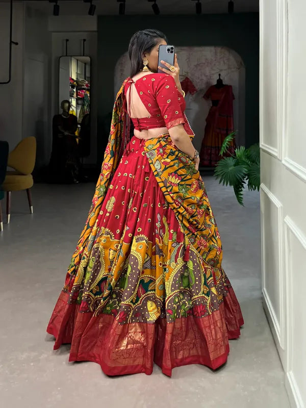 Red Color Tussar Silk Foil Print Lehenga Choli