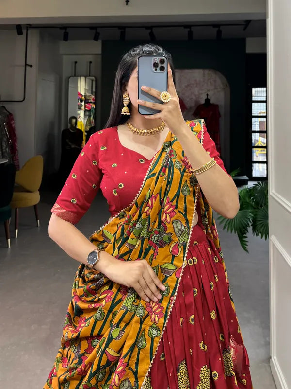 Red Color Tussar Silk Foil Print Lehenga Choli