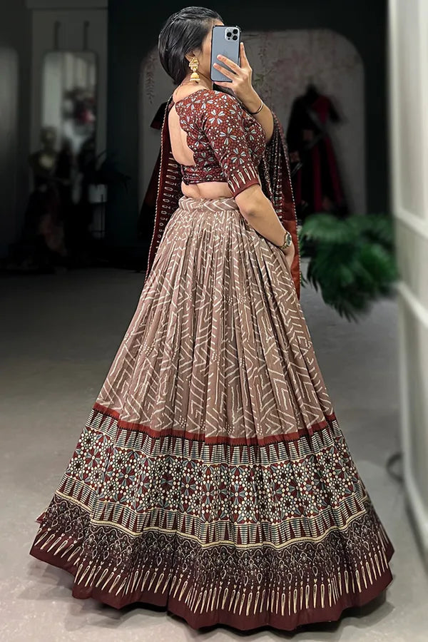 Brown Color Tussar Silk Foil Print Lehenga Choli
