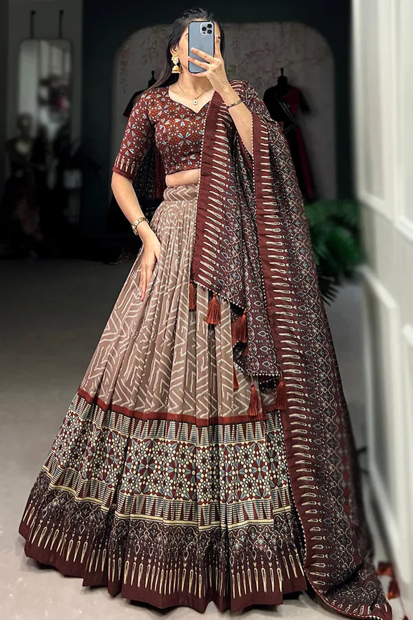 Brown Color Tussar Silk Foil Print Lehenga Choli