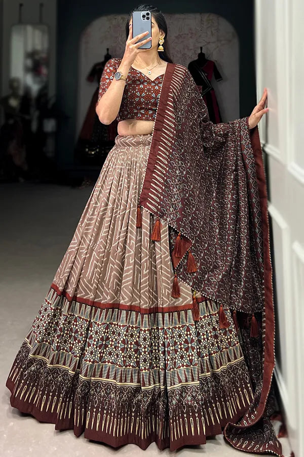Brown Color Tussar Silk Foil Print Lehenga Choli