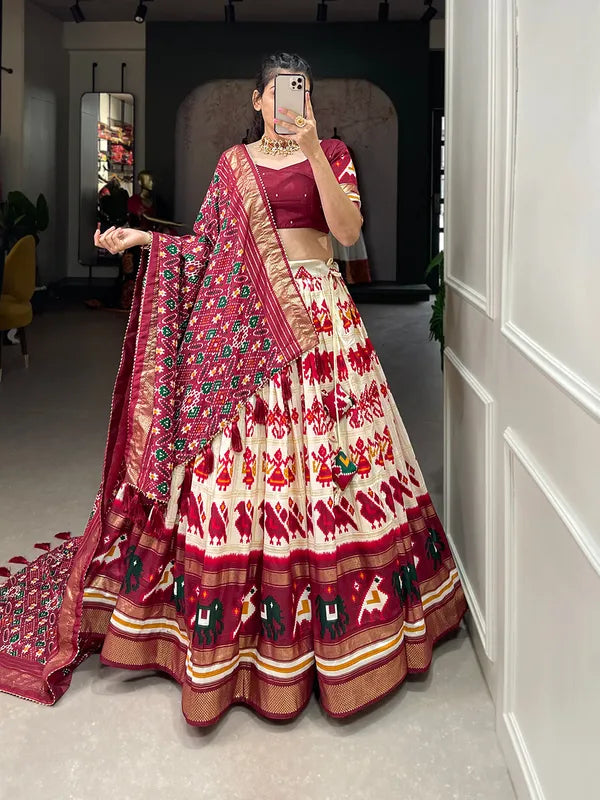 White Dola Silk Patola Print Traditional Lehenga Choli