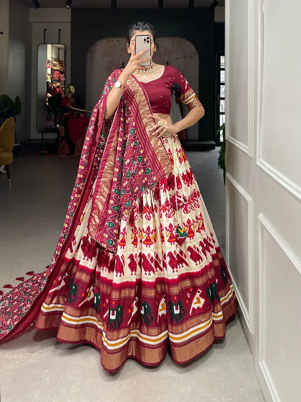 White Dola Silk Patola Print Traditional Lehenga Choli