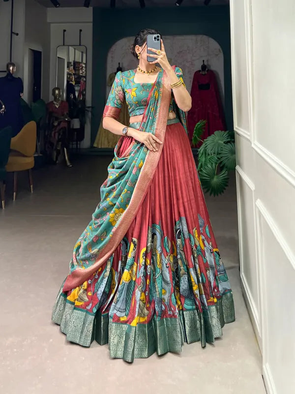 Red Color Dola Silk Designer Kalamkari Print Lehenga Choli