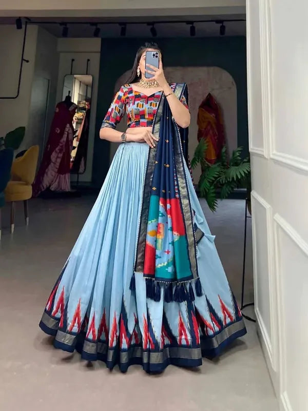 Sky Blue Color Tussar Silk Printed Navratri Lehenga Choli
