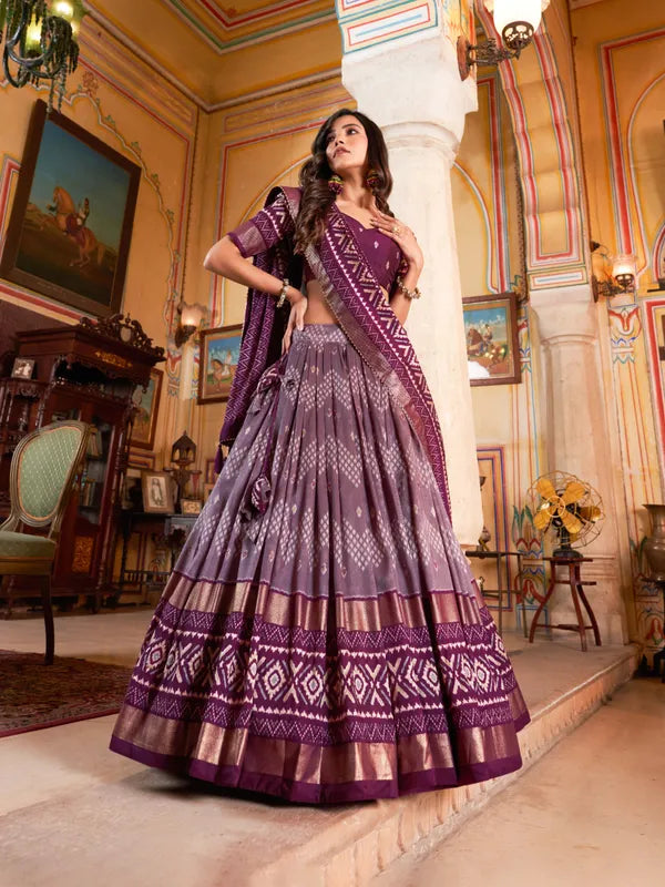Wine Color Silk Lehenga Choli With Patola Print Dupatta