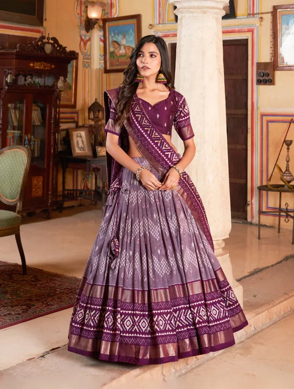 Wine Color Silk Lehenga Choli With Patola Print Dupatta