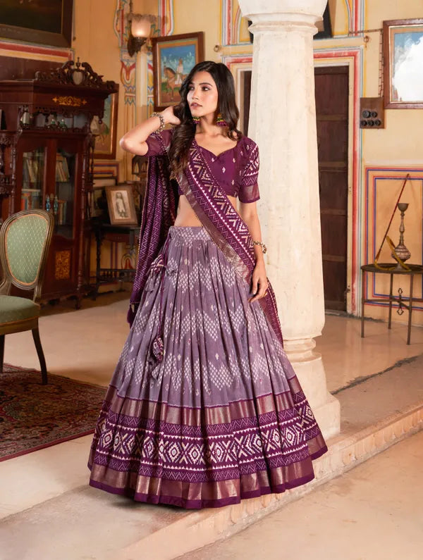 Wine Color Silk Lehenga Choli With Patola Print Dupatta