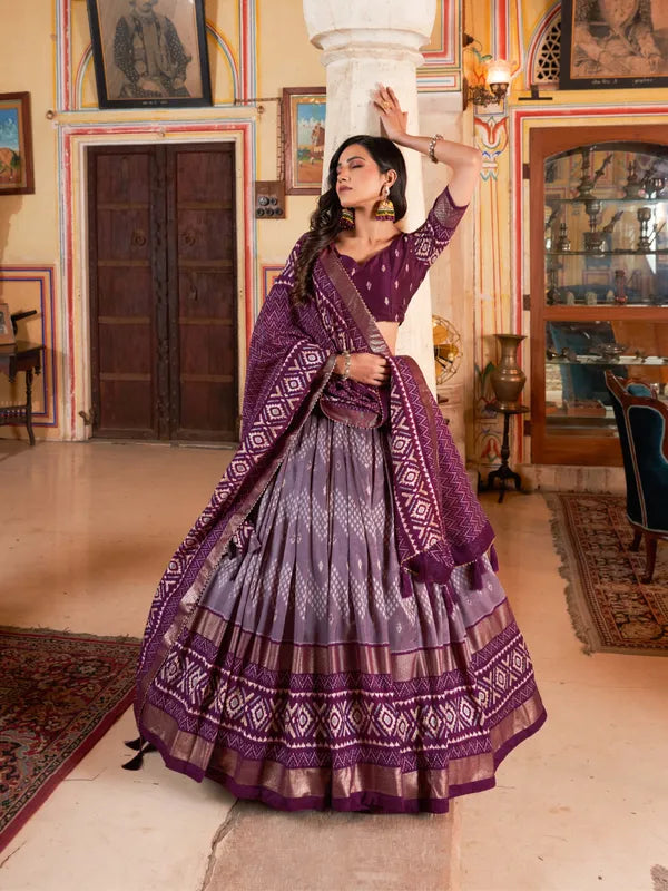 Wine Color Silk Lehenga Choli With Patola Print Dupatta