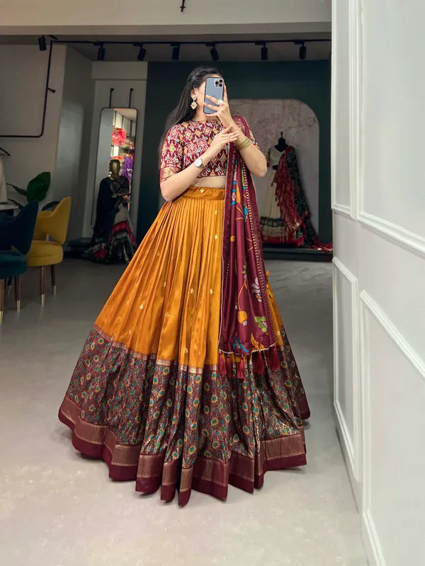 Yellow Floral Woven Flared Lehenga & Choli With Dupatta For Women