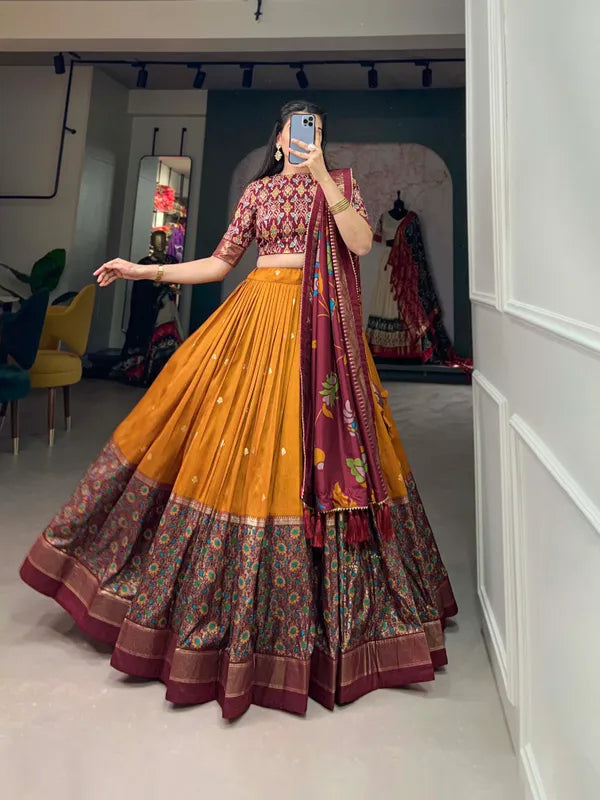Yellow Floral Woven Flared Lehenga & Choli With Dupatta For Women