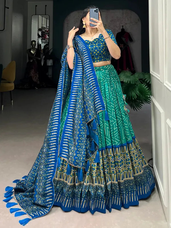Green Color Tussar Silk Foil Print Lehenga Choli