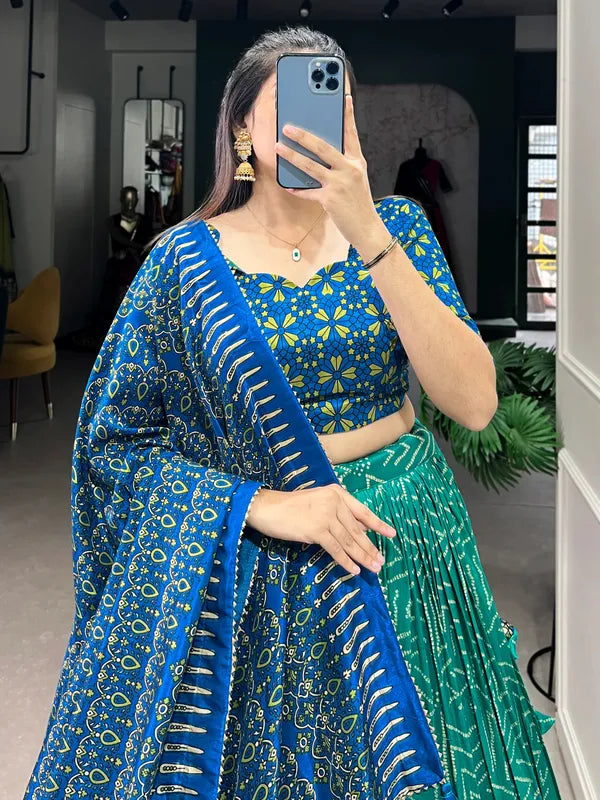 Green Color Tussar Silk Foil Print Lehenga Choli