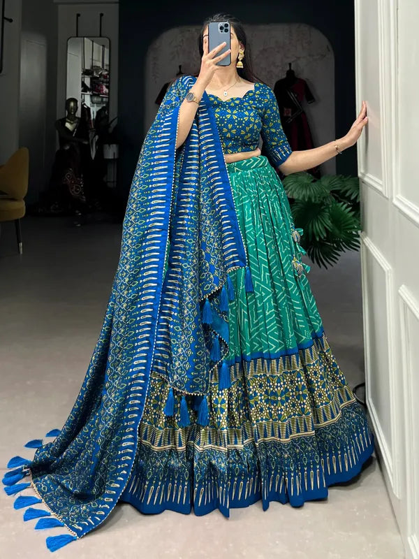 Green Color Tussar Silk Foil Print Lehenga Choli