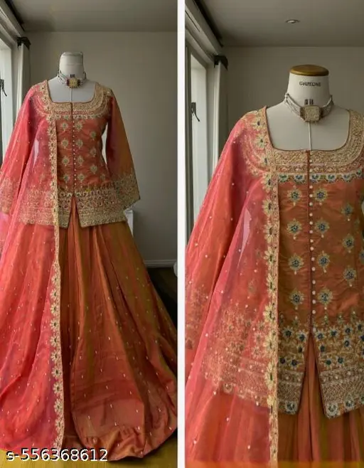 Women Pure Silk Kurta Skirt Attached Dupatta Set