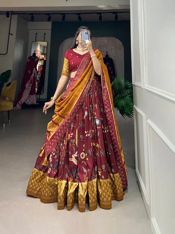 Maroon Tussar Silk Maroon Fabulously Patola Printed Stitched Lehenga & Blouse With Dupatta