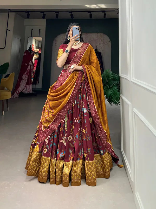 Maroon Tussar Silk Maroon Fabulously Patola Printed Stitched Lehenga & Blouse With Dupatta