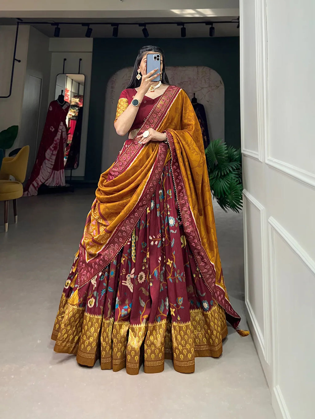 Maroon Tussar Silk Maroon Fabulously Patola Printed Stitched Lehenga & Blouse With Dupatta