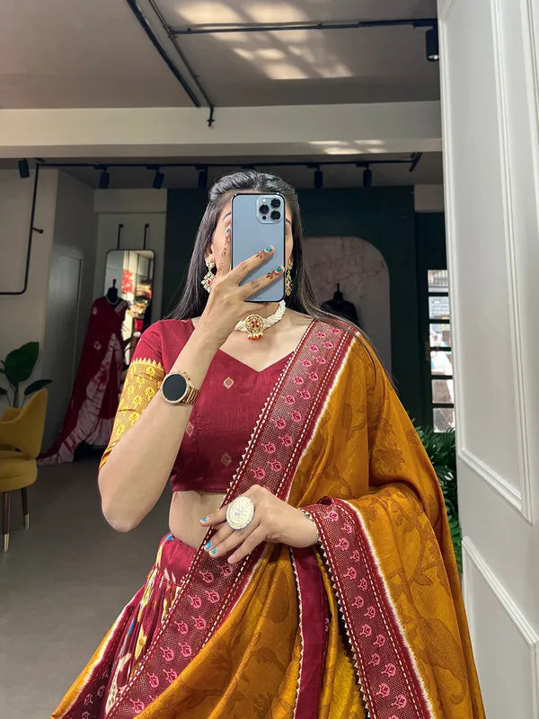 Maroon Tussar Silk Maroon Fabulously Patola Printed Stitched Lehenga & Blouse With Dupatta