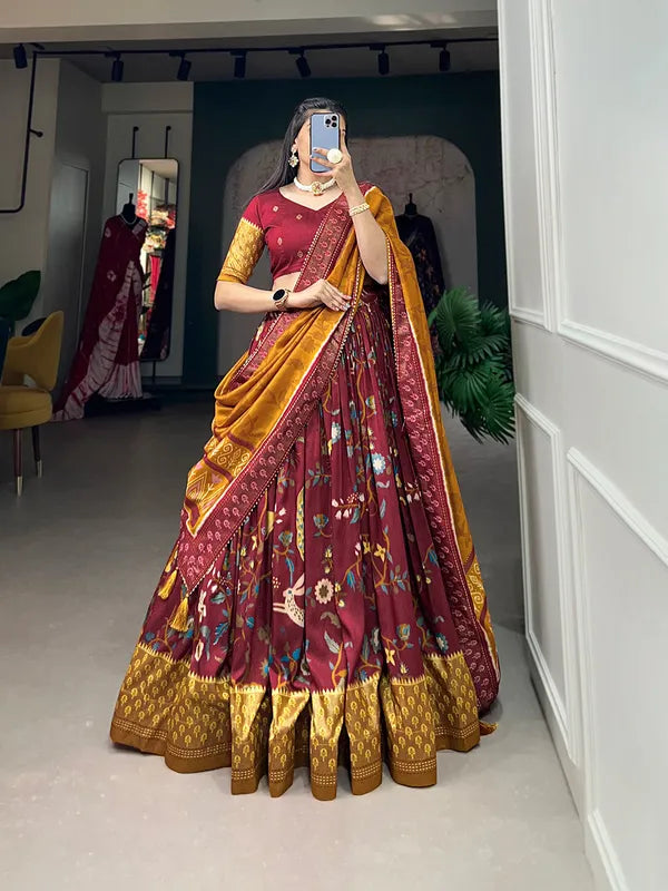 Maroon Tussar Silk Maroon Fabulously Patola Printed Stitched Lehenga & Blouse With Dupatta