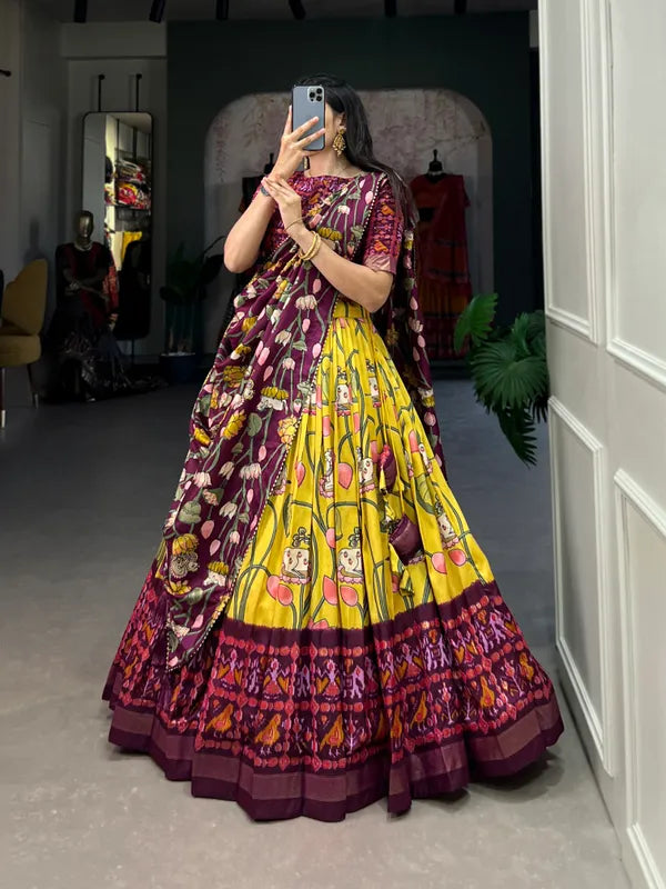 Yellow Tussar Silk Yellow Fabulously Patola Printed Stitched Lehenga & Blouse With Dupatta