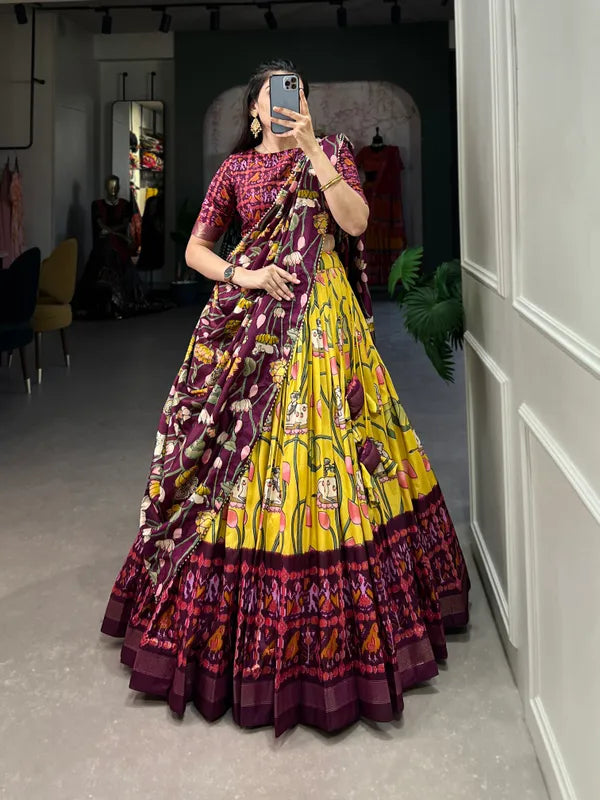 Yellow Tussar Silk Yellow Fabulously Patola Printed Stitched Lehenga & Blouse With Dupatta