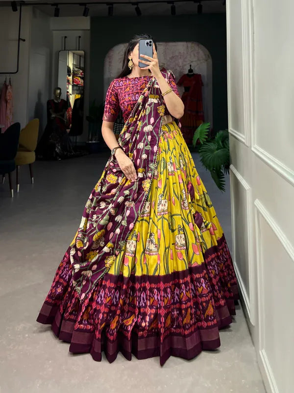 Yellow Tussar Silk Yellow Fabulously Patola Printed Stitched Lehenga & Blouse With Dupatta