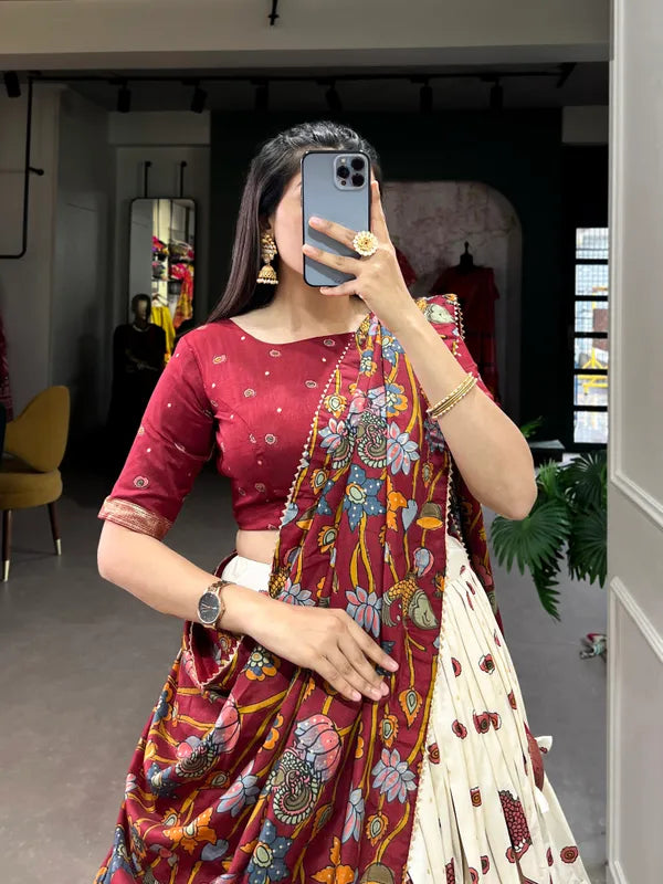 White Color Tussar Silk Foil Print Lehenga Choli