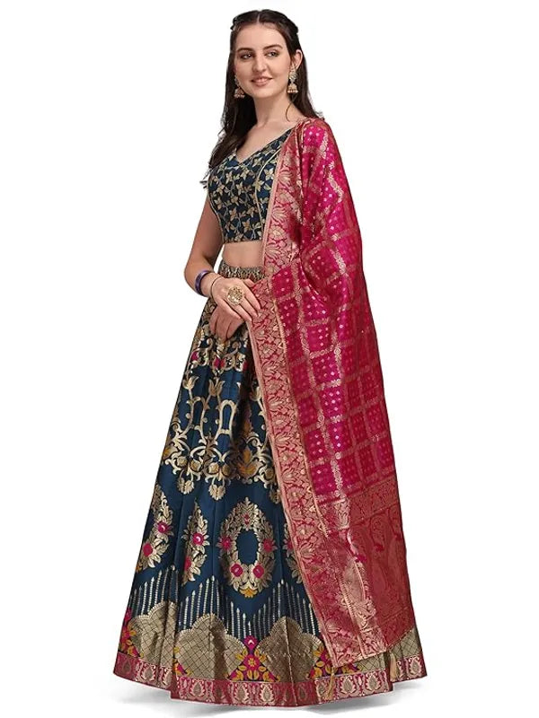 Blue Dola Silk Jacquard Semi-Stitched Lehenga Choli