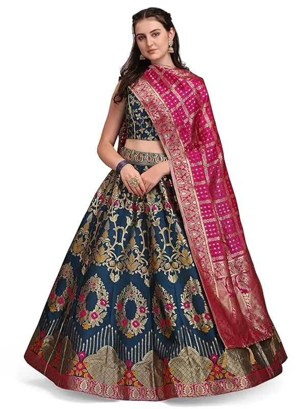 Blue Dola Silk Jacquard Semi-Stitched Lehenga Choli