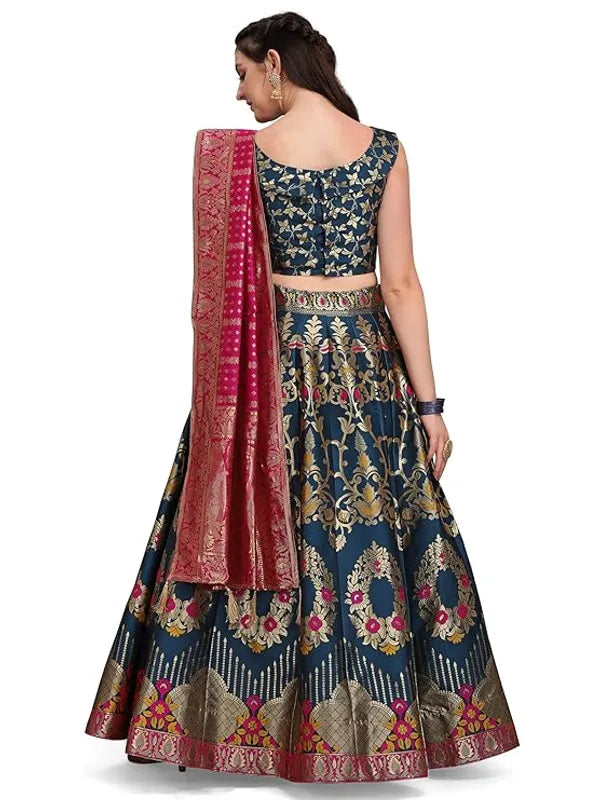 Blue Dola Silk Jacquard Semi-Stitched Lehenga Choli