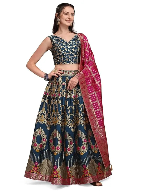 Blue Dola Silk Jacquard Semi-Stitched Lehenga Choli