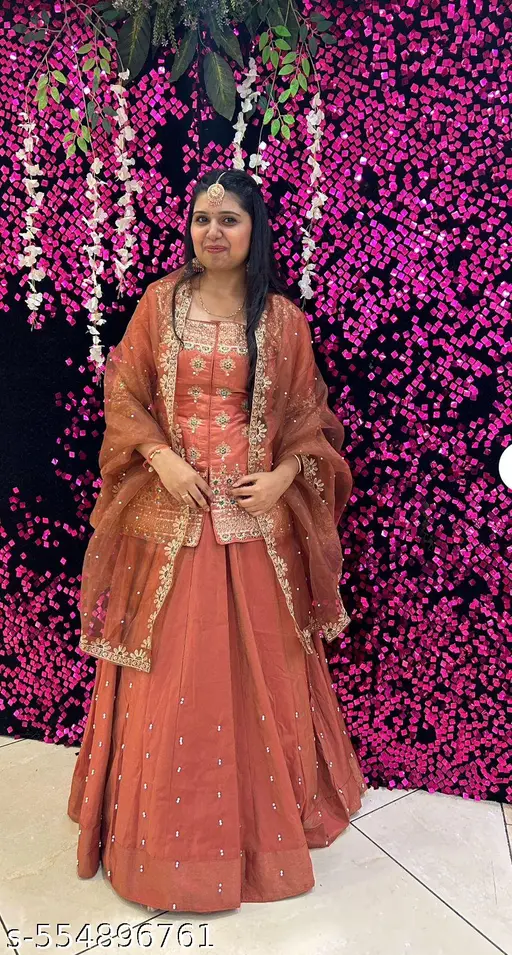 Women Pure Silk Kurta Skirt Attached Dupatta Set